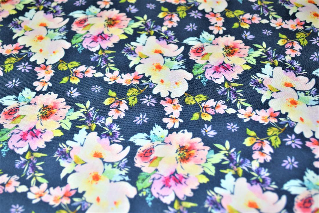 Navy Roses Print Cotton Fabric