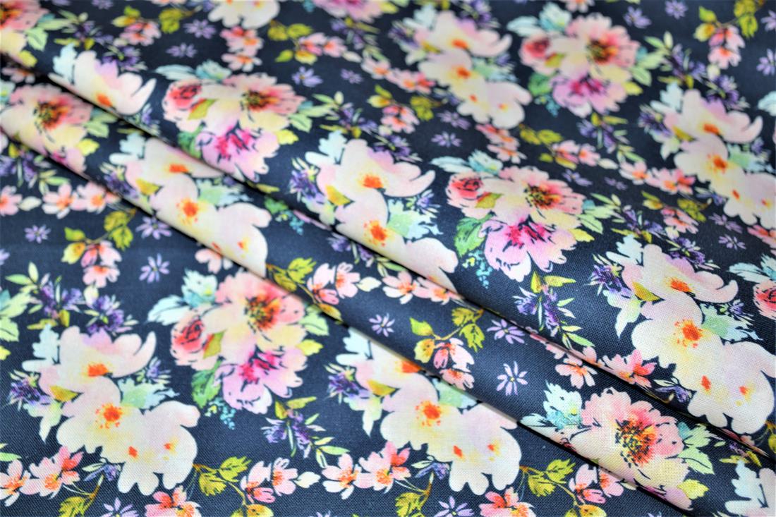 Navy Roses Print Cotton Fabric