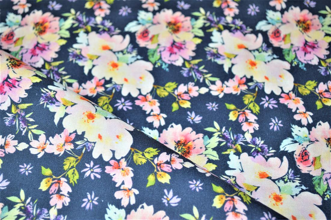 Navy Roses Print Cotton Fabric