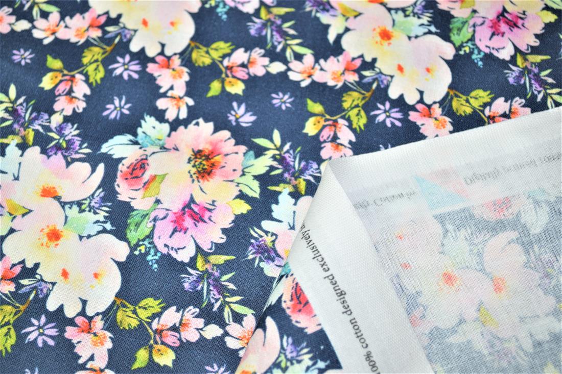Navy Roses Print Cotton Fabric