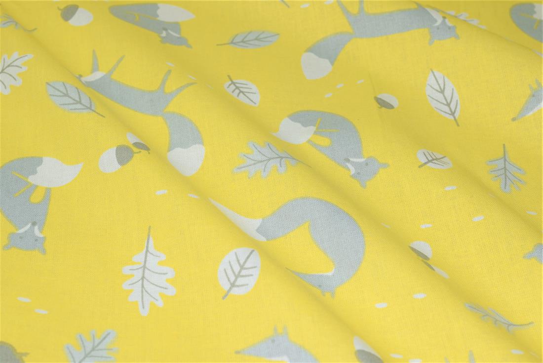 Yellow Mr Fox Printed 100% Cotton Fabric
