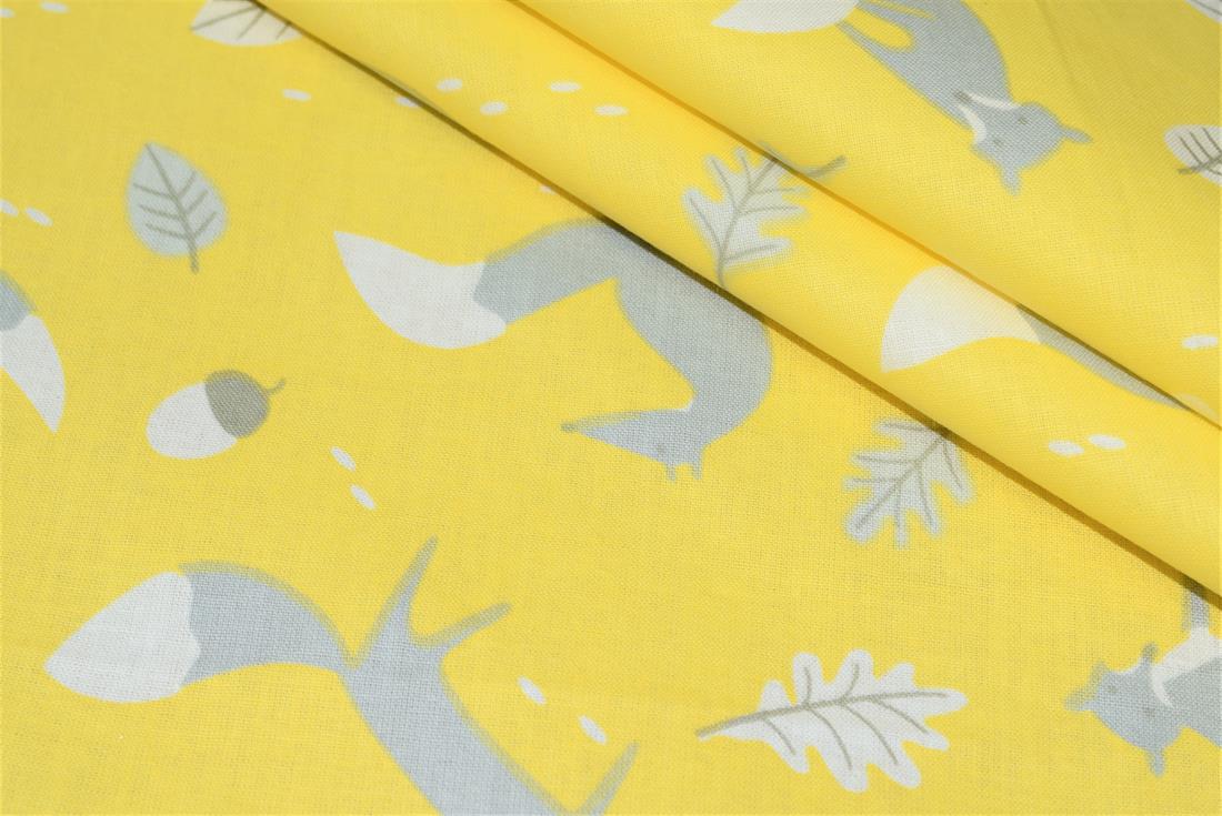 Yellow Mr Fox Printed 100% Cotton Fabric