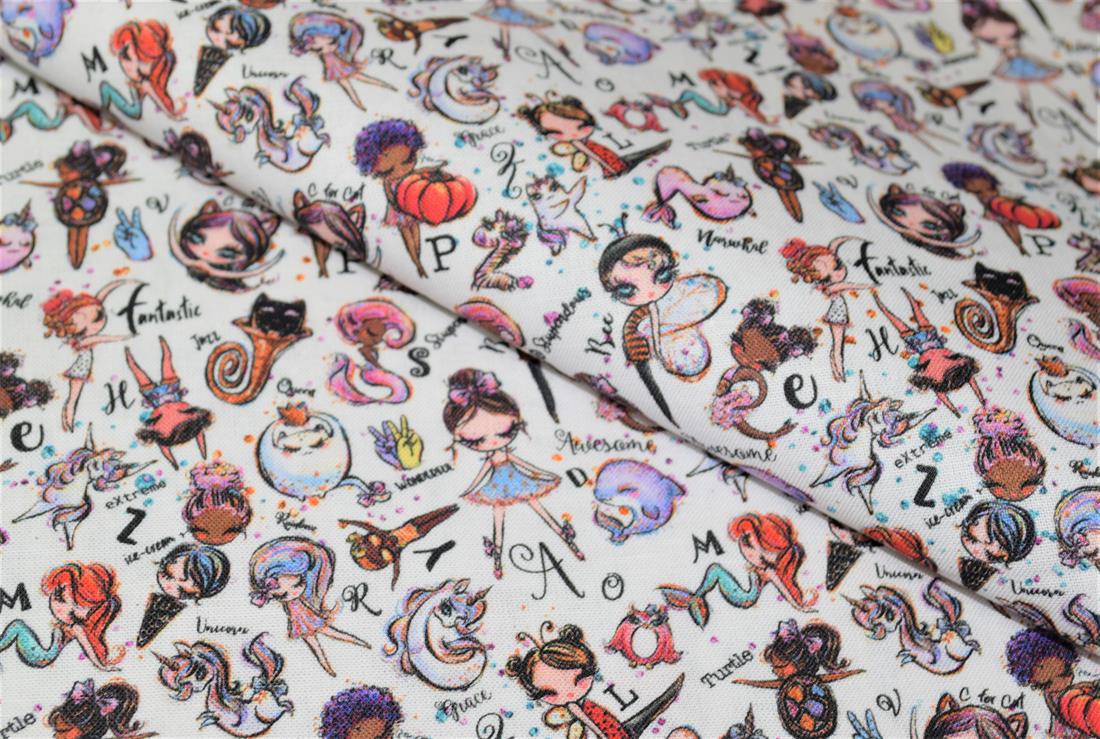 White Printed 100% Cotton, Whimsical Alphabet Fabric