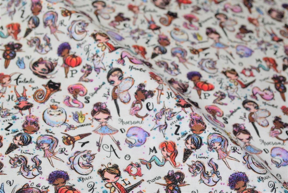 White Printed 100% Cotton, Whimsical Alphabet Fabric