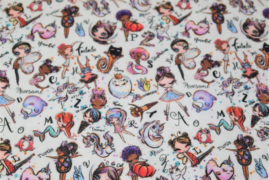 White Printed 100% Cotton, Whimsical Alphabet Fabric