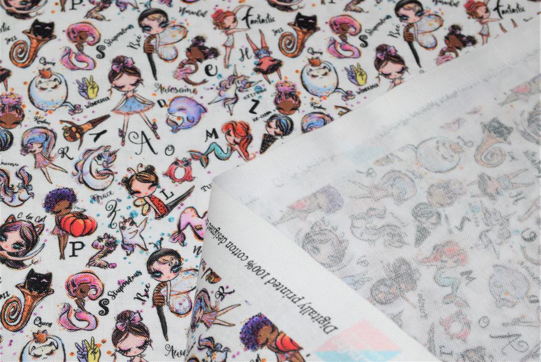 White Printed 100% Cotton, Whimsical Alphabet Fabric