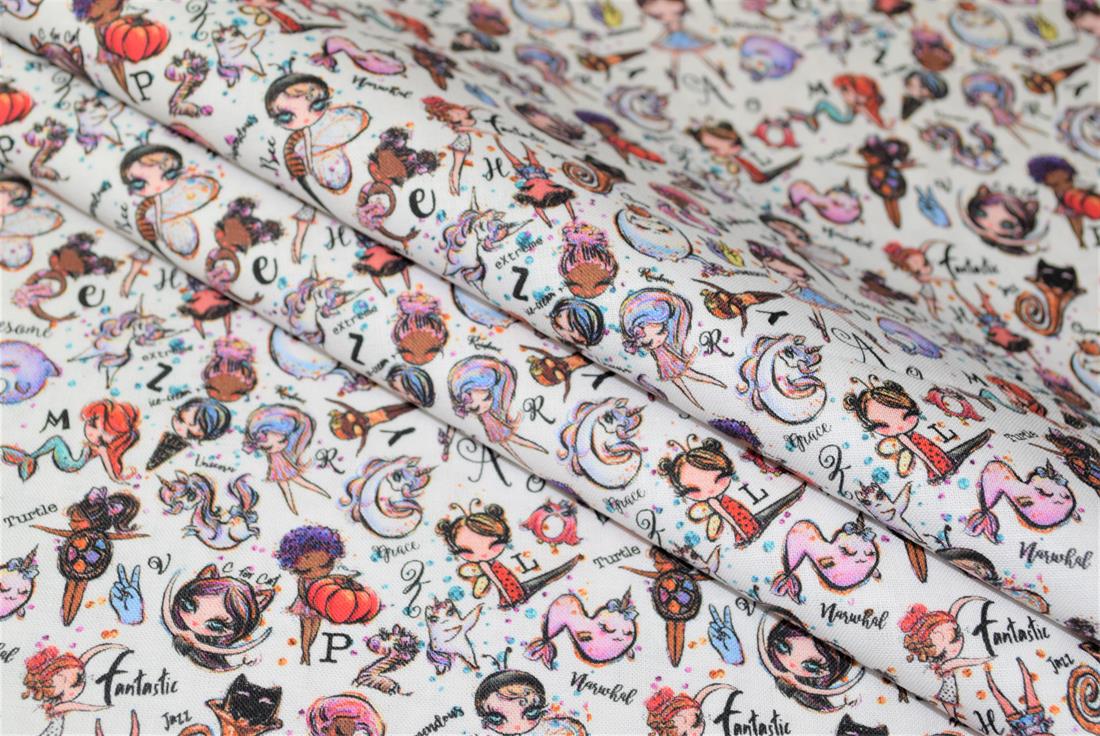 White Printed 100% Cotton, Whimsical Alphabet Fabric