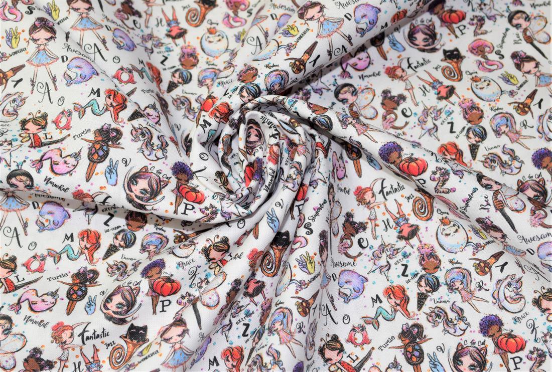 White Printed 100% Cotton, Whimsical Alphabet Fabric