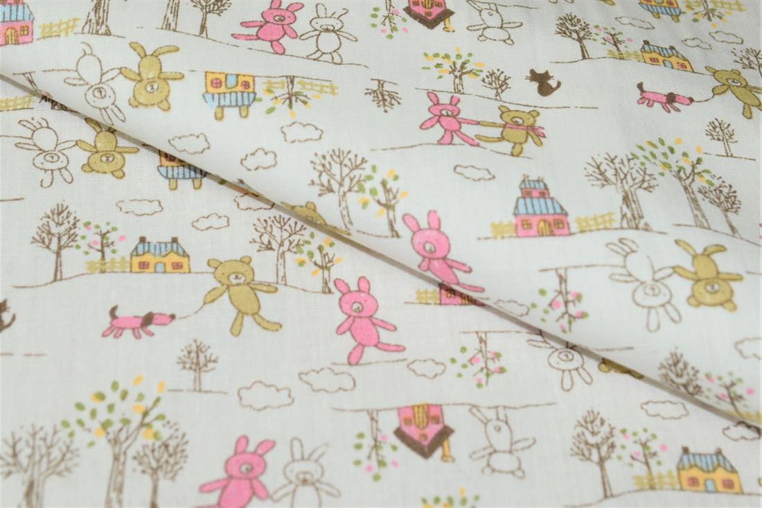 Printed 100% Cotton, Teddy Bear & House Print