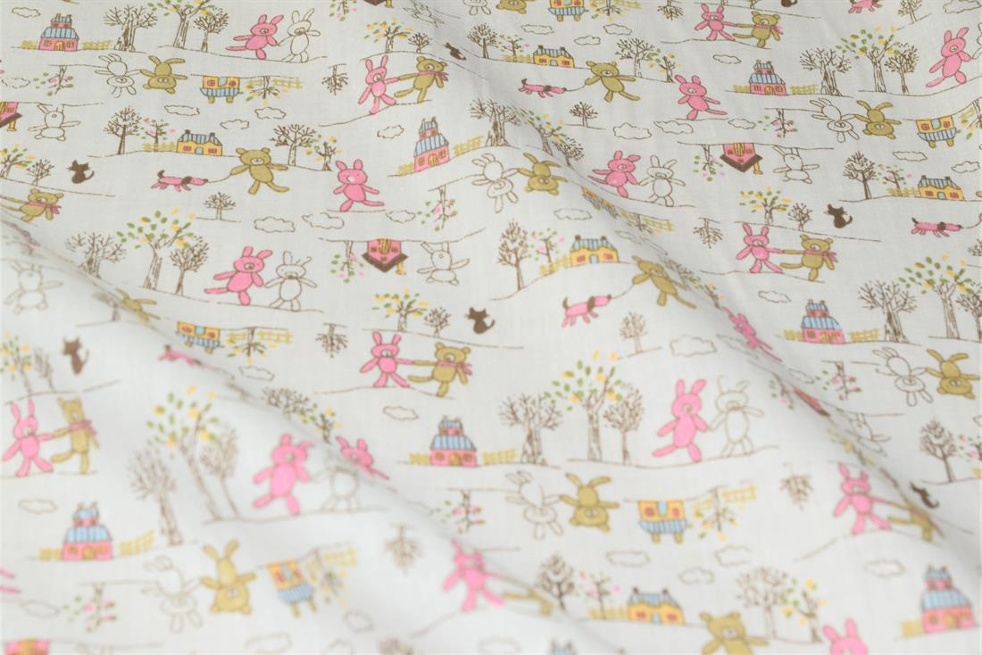Printed 100% Cotton, Teddy Bear & House Print