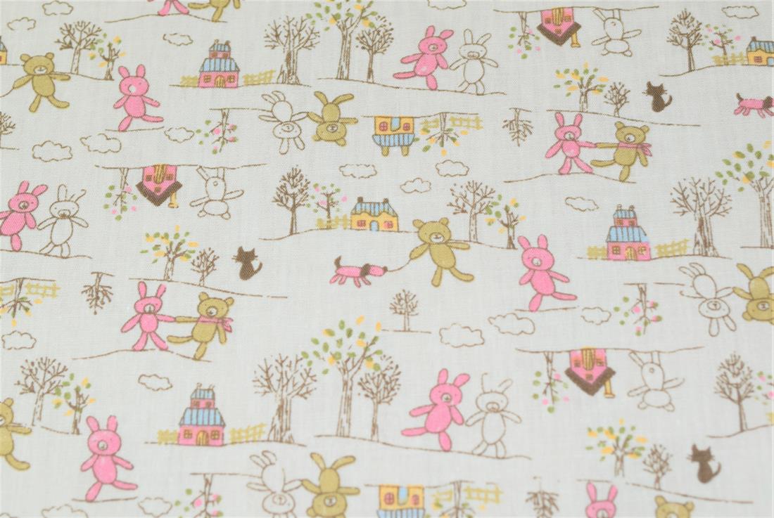 Printed 100% Cotton, Teddy Bear & House Print