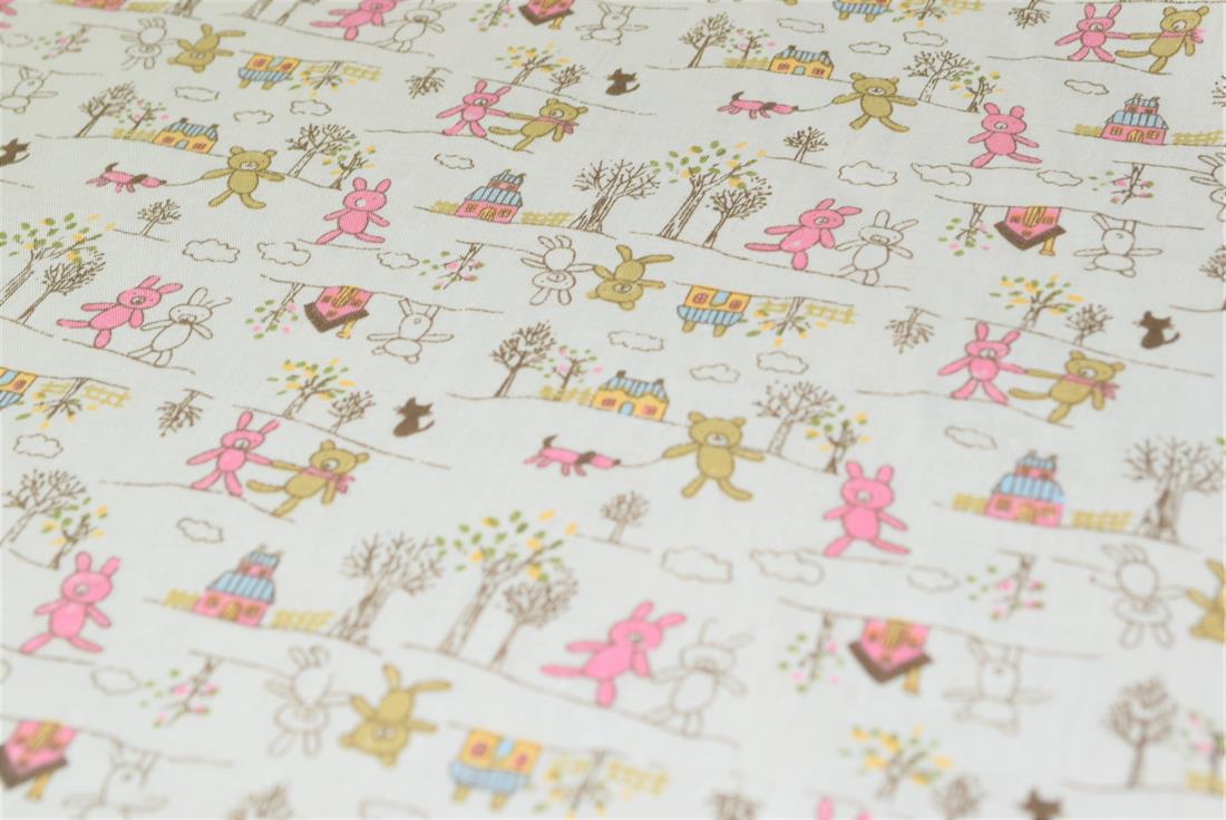 Printed 100% Cotton, Teddy Bear & House Print