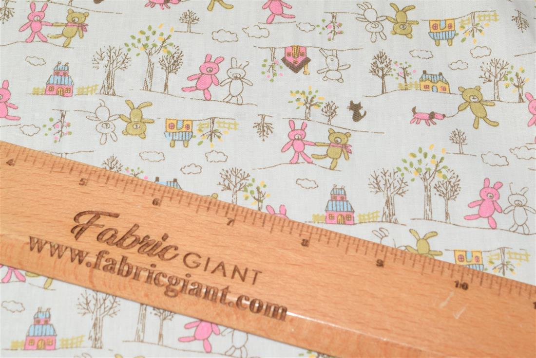 Printed 100% Cotton, Teddy Bear & House Print