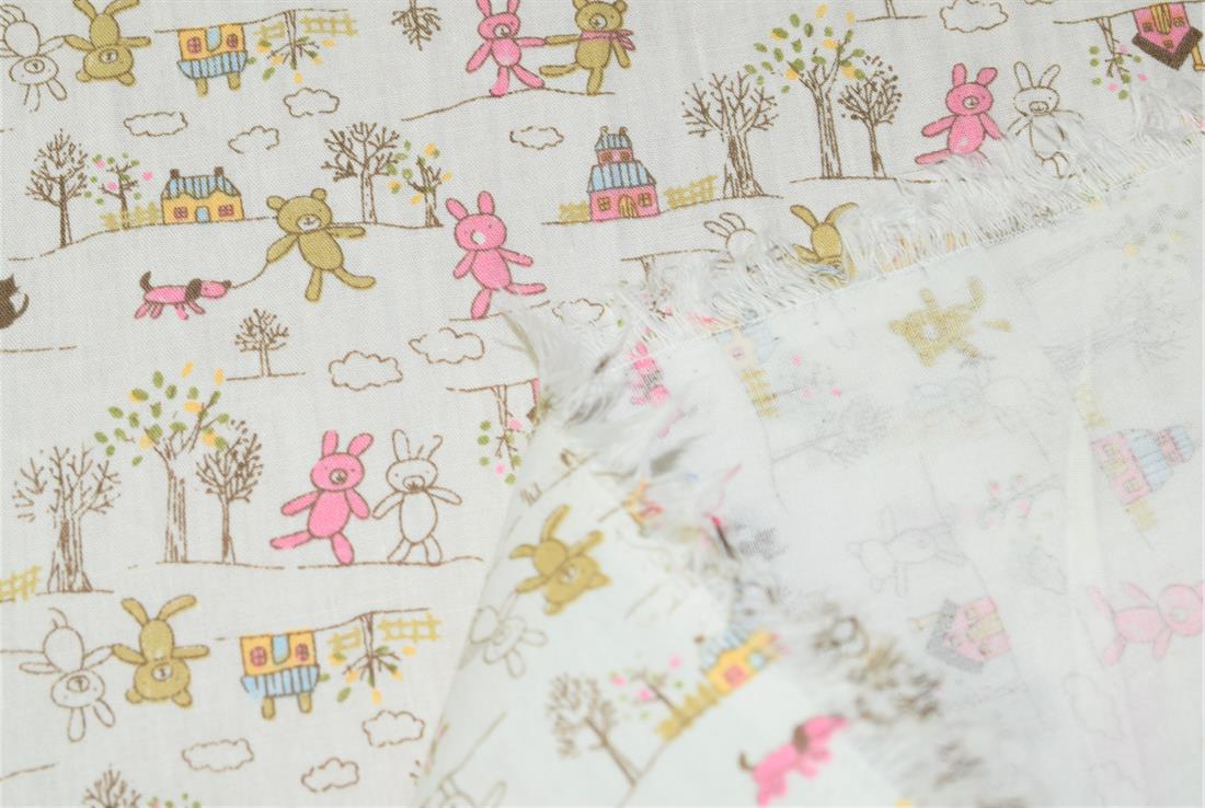 Printed 100% Cotton, Teddy Bear & House Print