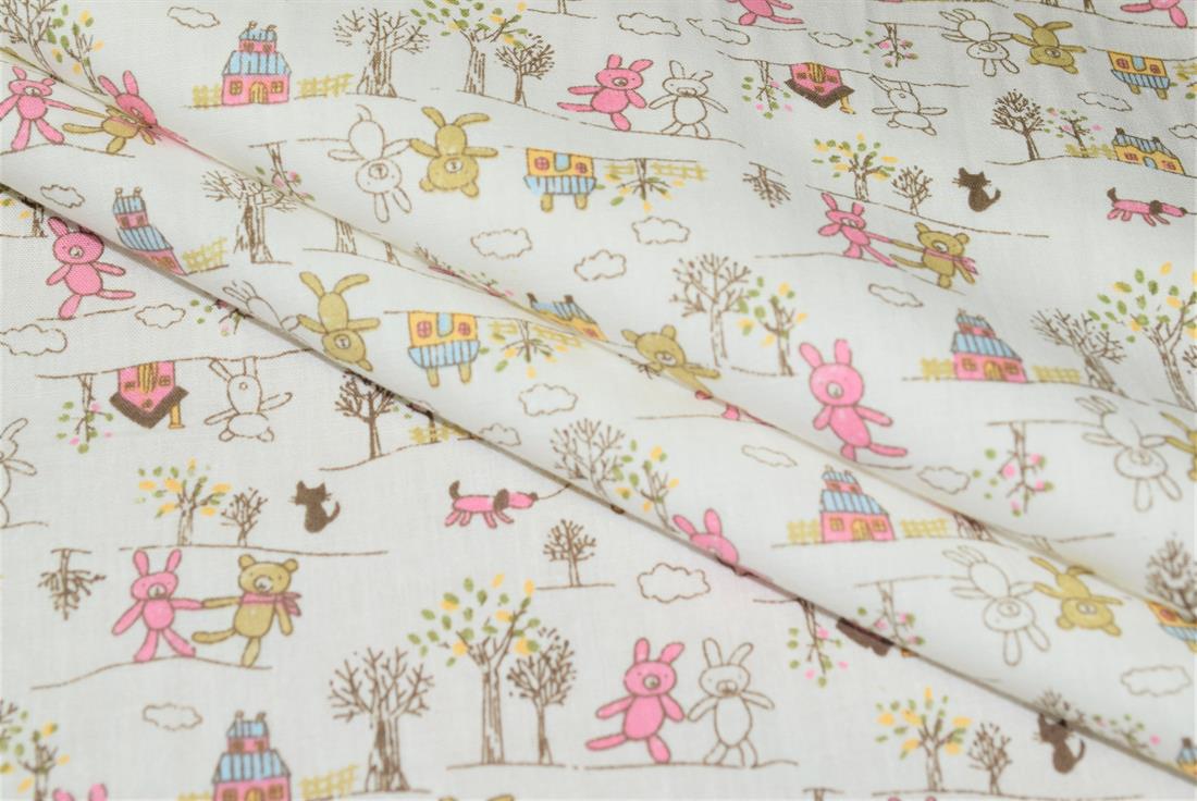 Printed 100% Cotton, Teddy Bear & House Print