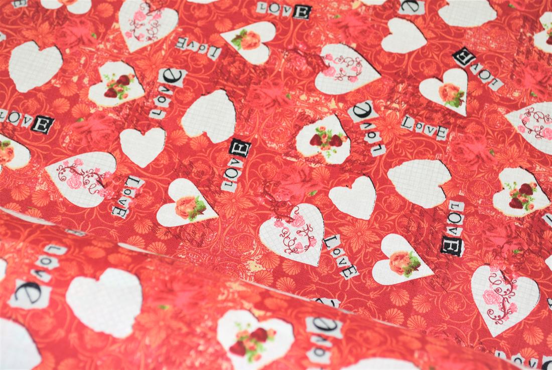 Red & White Printed 100% Cotton, Love Hearts Print