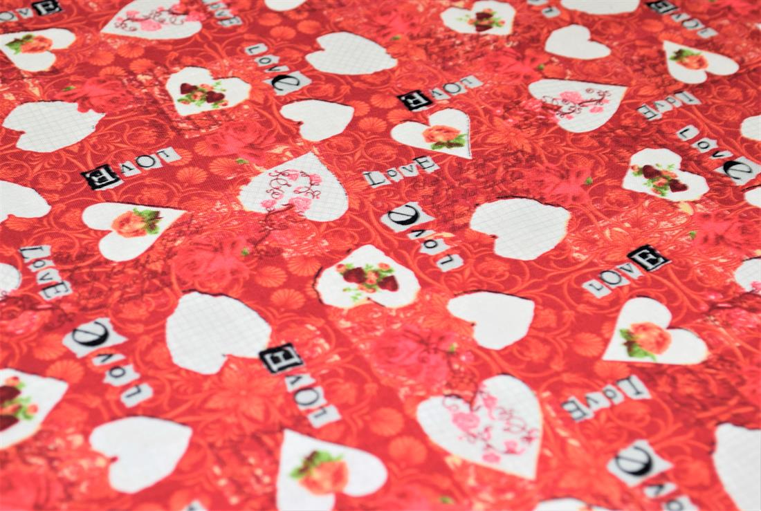 Red & White Printed 100% Cotton, Love Hearts Print