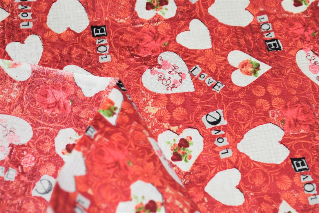 Red & White Printed 100% Cotton, Love Hearts Print