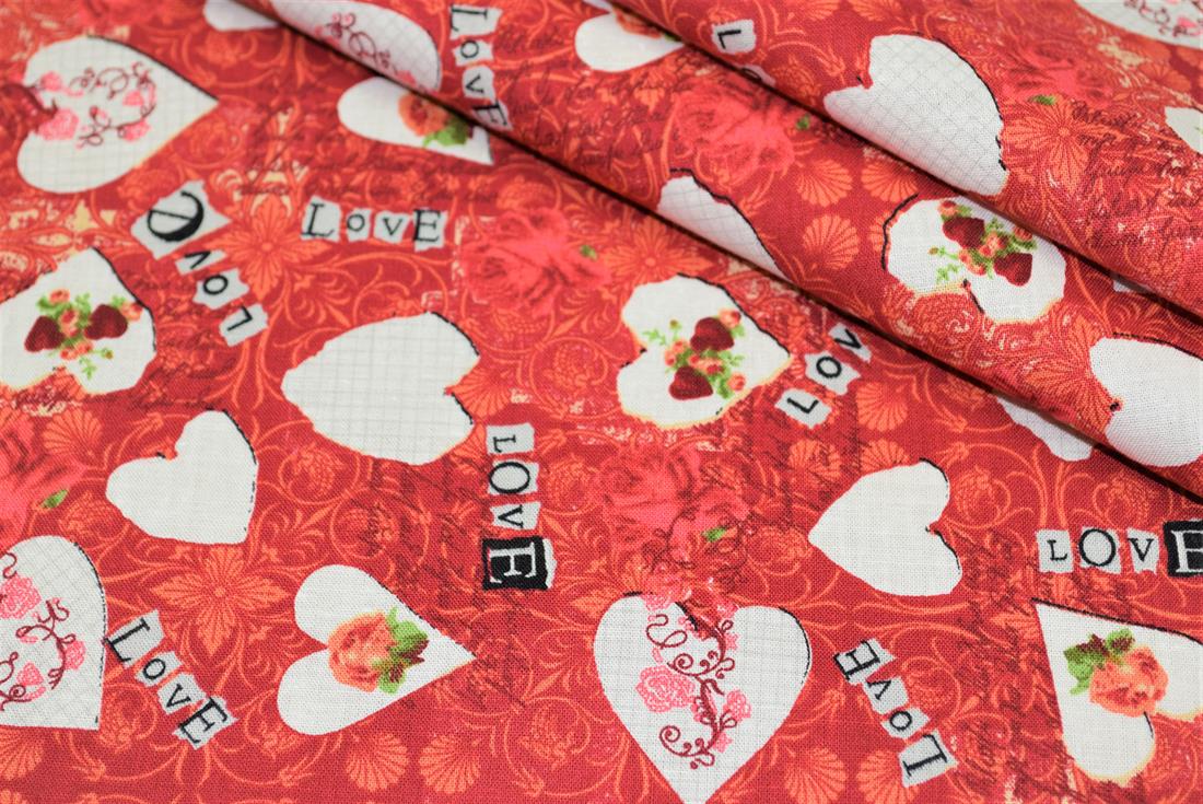 Red & White Printed 100% Cotton, Love Hearts Print