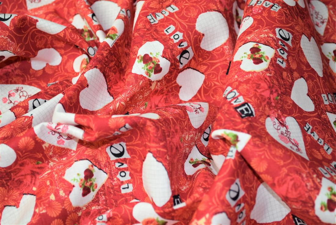 Red & White Printed 100% Cotton, Love Hearts Print