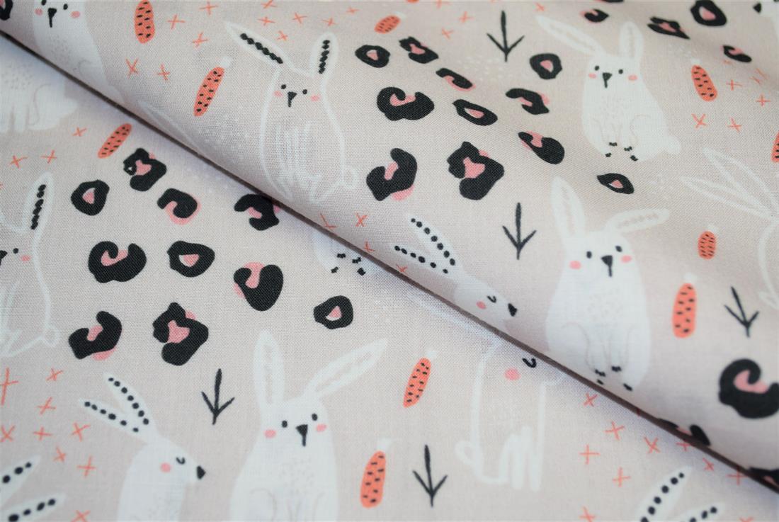 Beige Little Johnny Rabbit Doodle Printed 100% Cotton Fabric