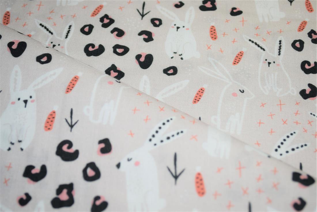 Beige Little Johnny Rabbit Doodle Printed 100% Cotton Fabric