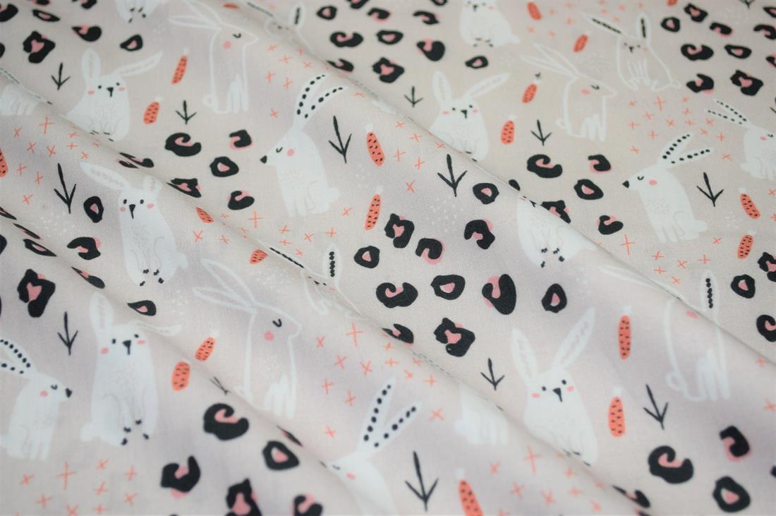 Beige Little Johnny Rabbit Doodle Printed 100% Cotton Fabric