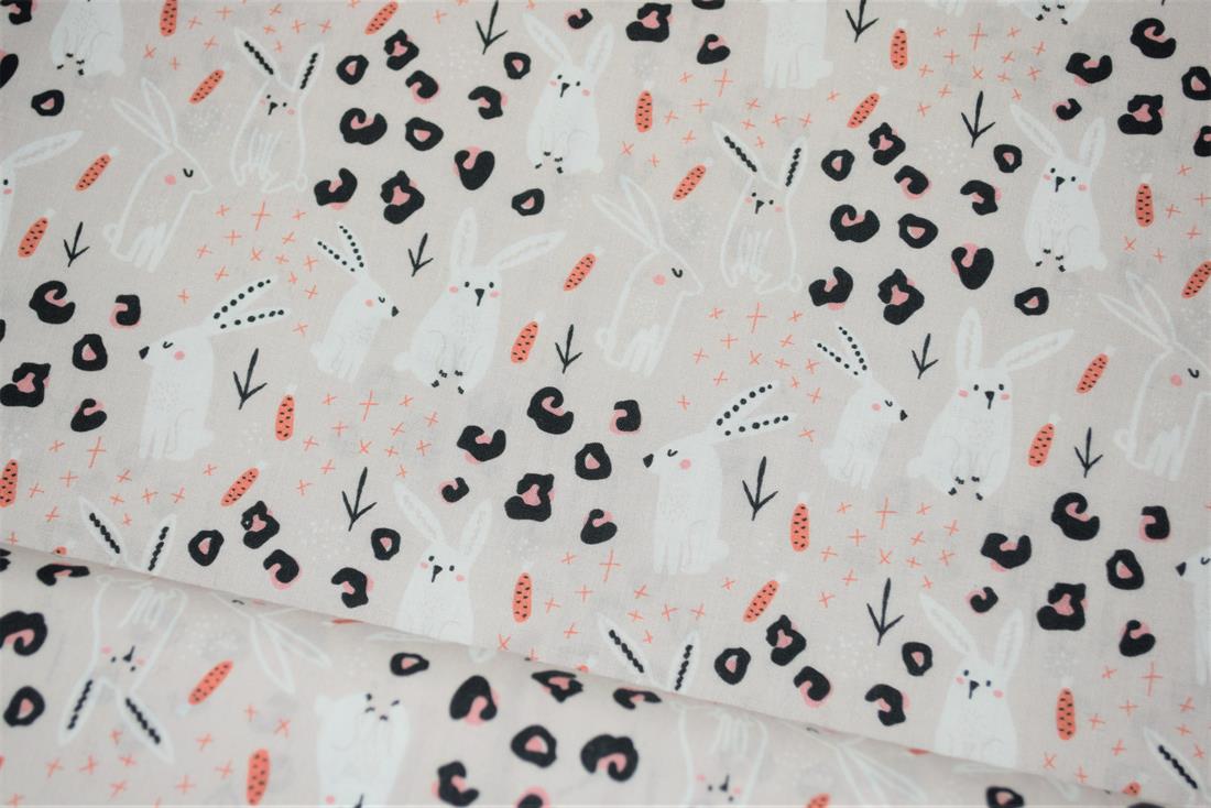 Beige Little Johnny Rabbit Doodle Printed 100% Cotton Fabric