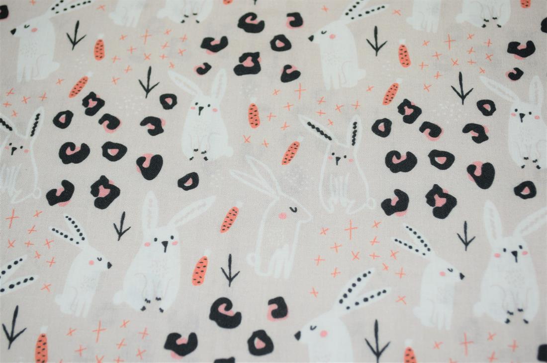 Beige Little Johnny Rabbit Doodle Printed 100% Cotton Fabric