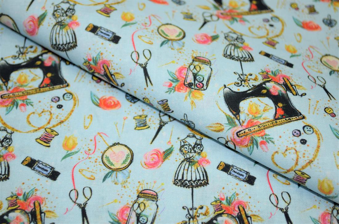 Sky Blue Sewing Printed Crafty Cottons Digital 100% Fabric