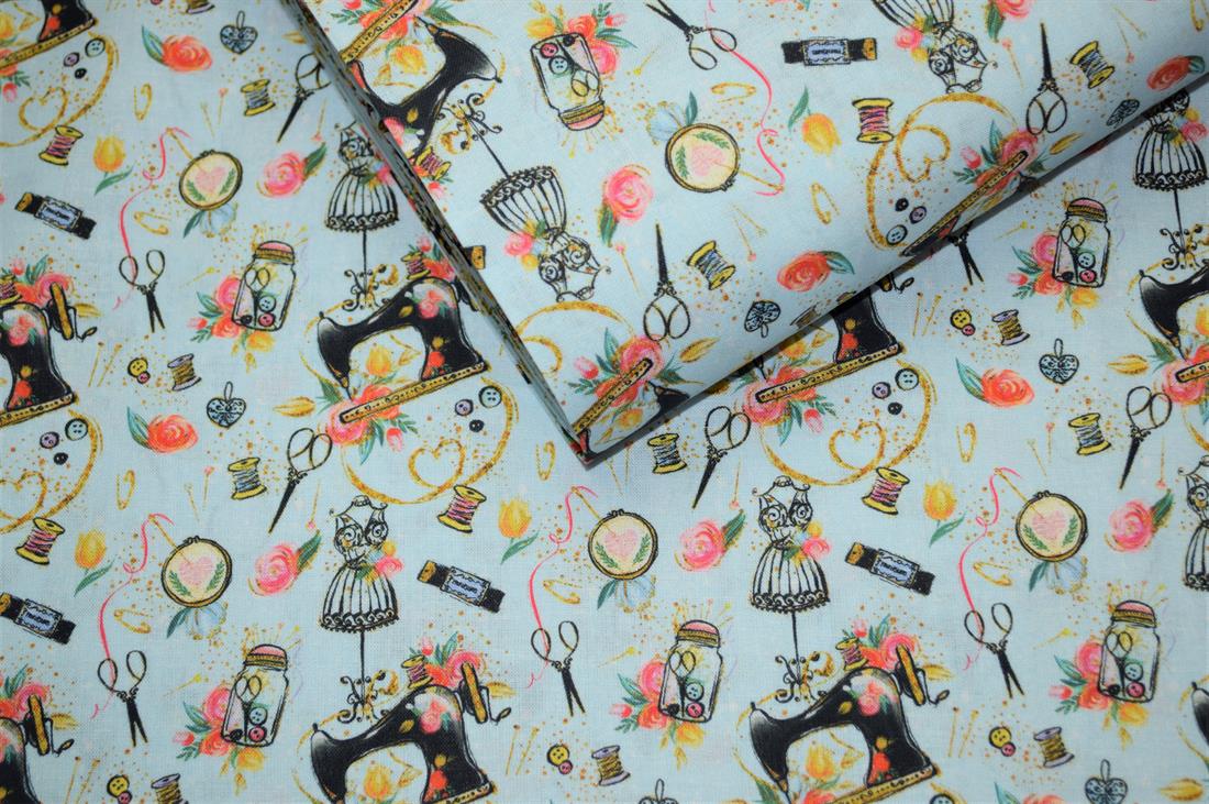 Sky Blue Sewing Printed Crafty Cottons Digital 100% Fabric