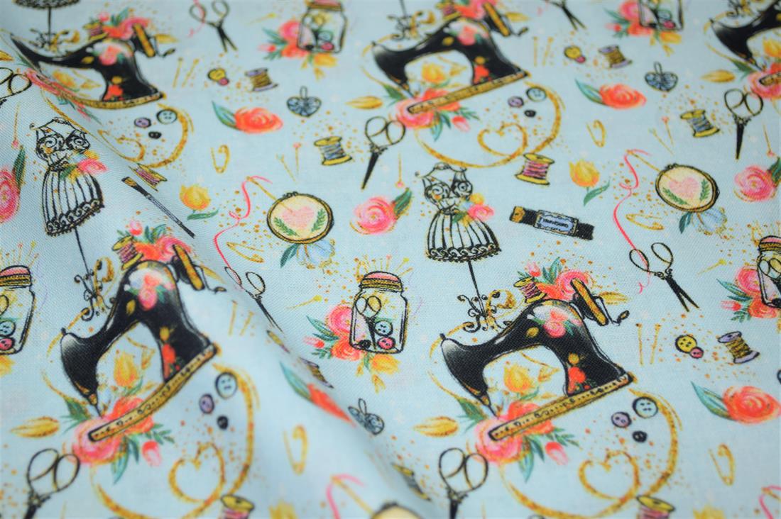 Sky Blue Sewing Printed Crafty Cottons Digital 100% Fabric