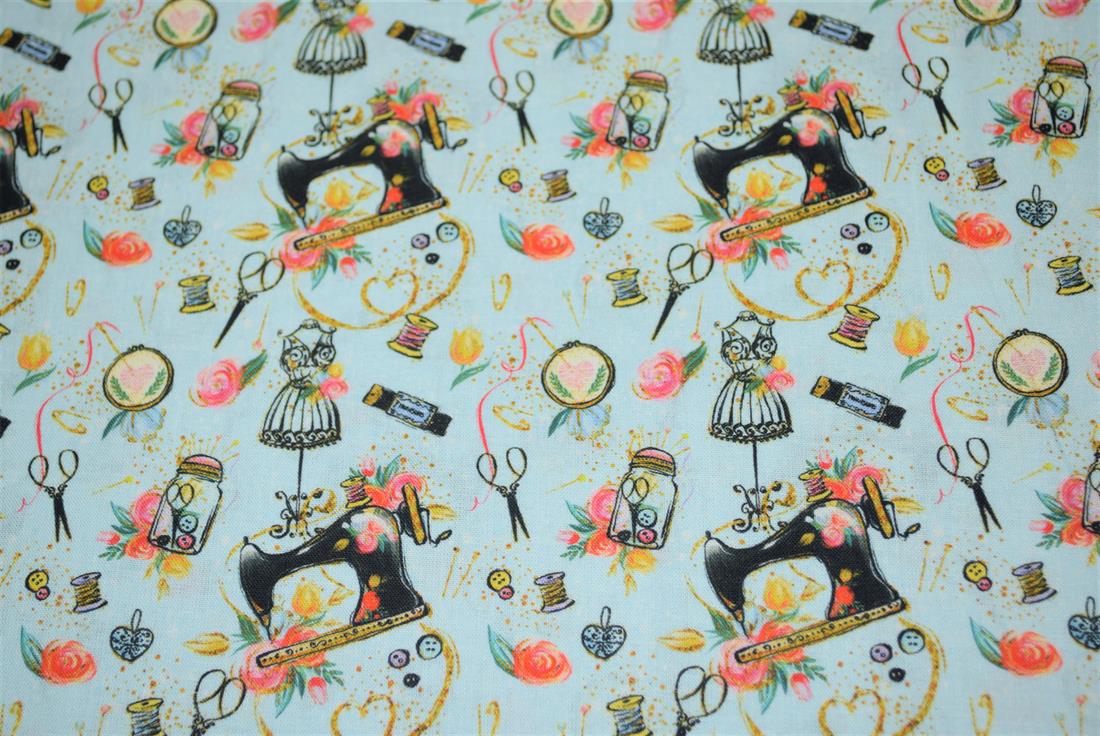 Sky Blue Sewing Printed Crafty Cottons Digital 100% Fabric