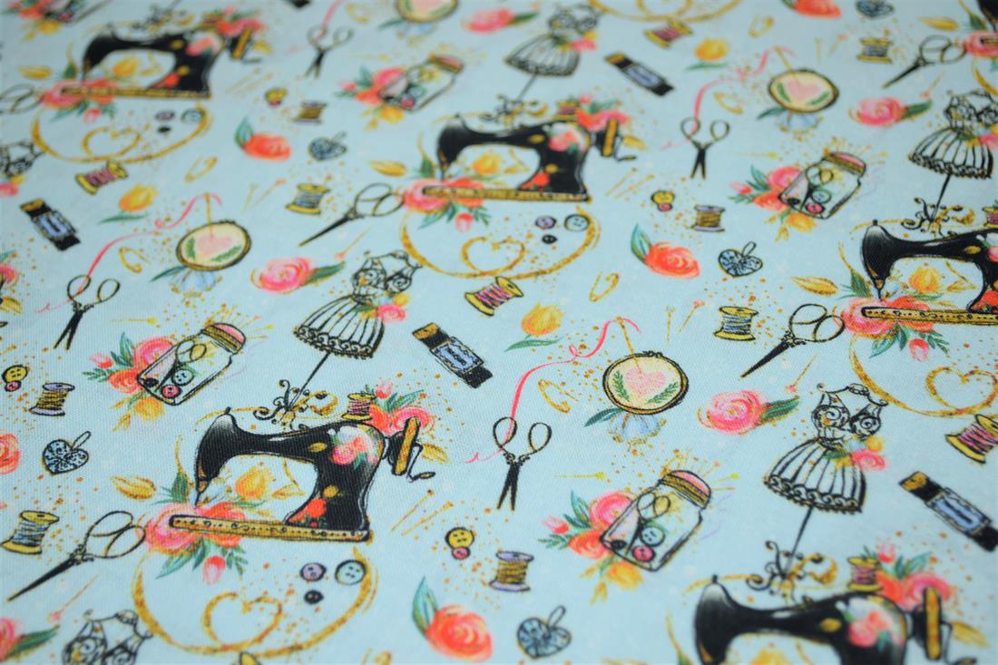 Sky Blue Sewing Printed Crafty Cottons Digital 100% Fabric