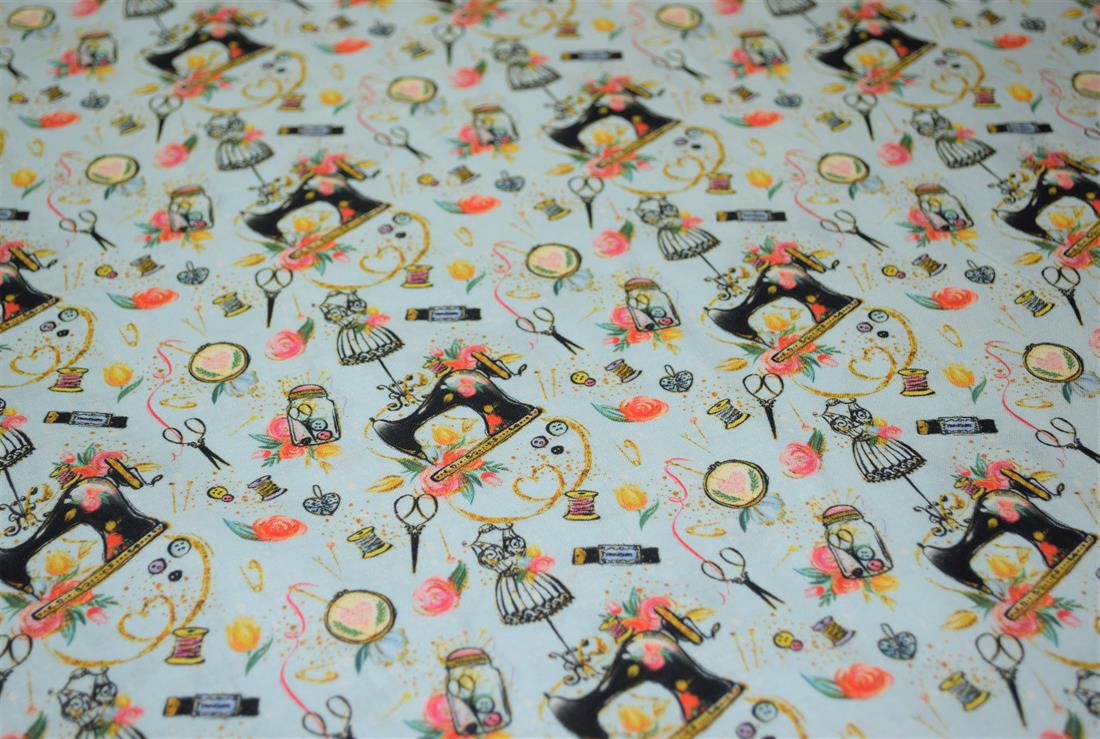 Sky Blue Sewing Printed Crafty Cottons Digital 100% Fabric
