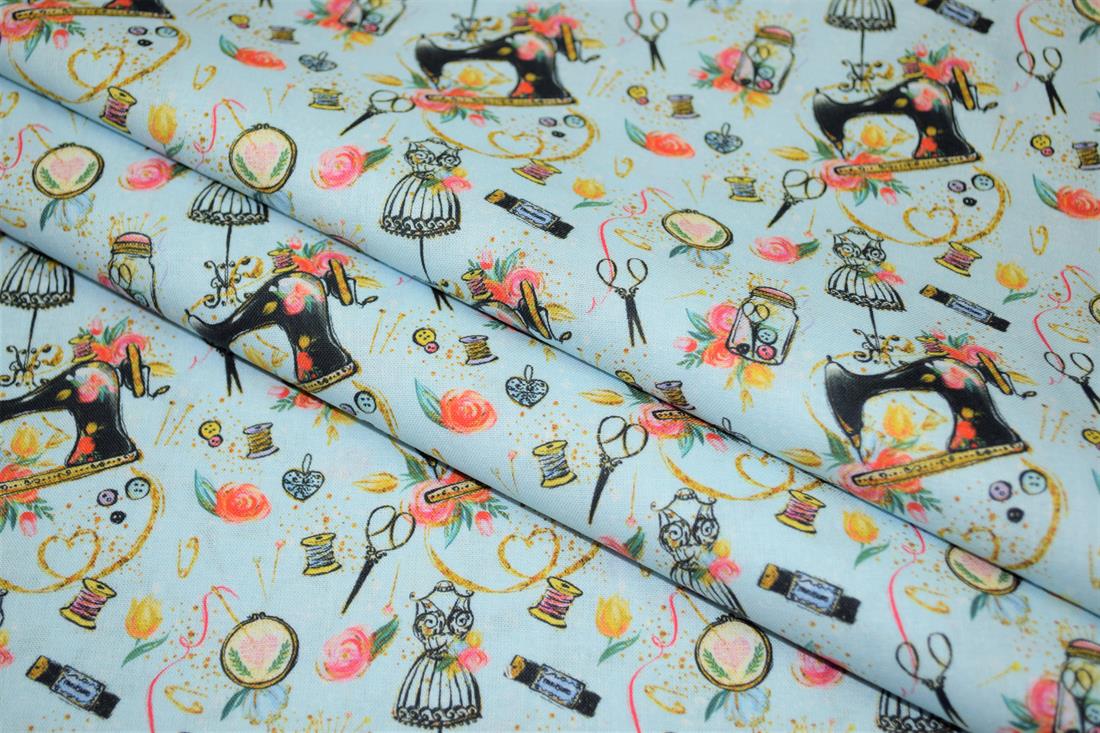 Sky Blue Sewing Printed Crafty Cottons Digital 100% Fabric
