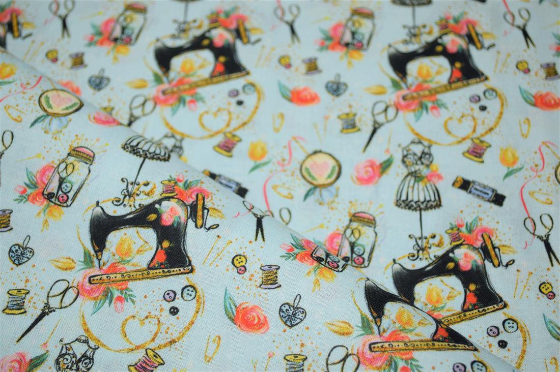 Sky Blue Sewing Printed Crafty Cottons Digital 100% Fabric