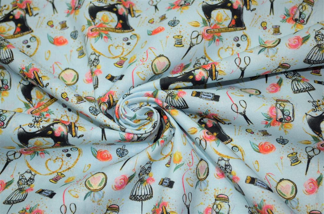Sky Blue Sewing Printed Crafty Cottons Digital 100% Fabric