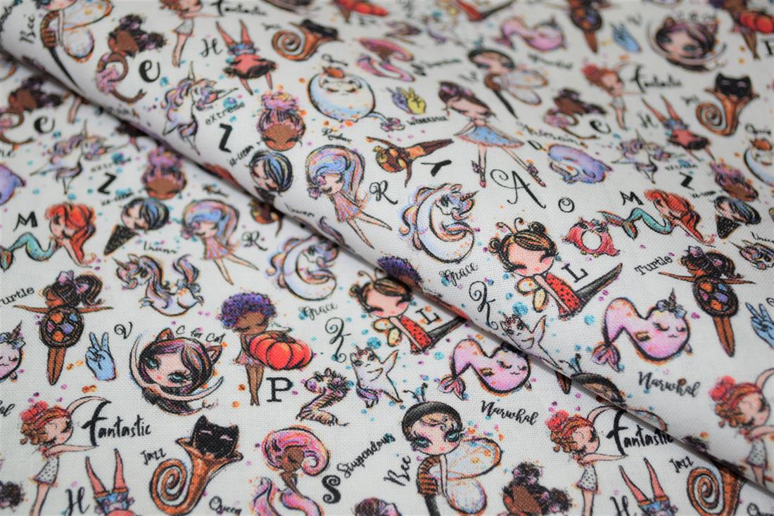 White Whimsical Alphabet Printed 100% Cotton Fabric