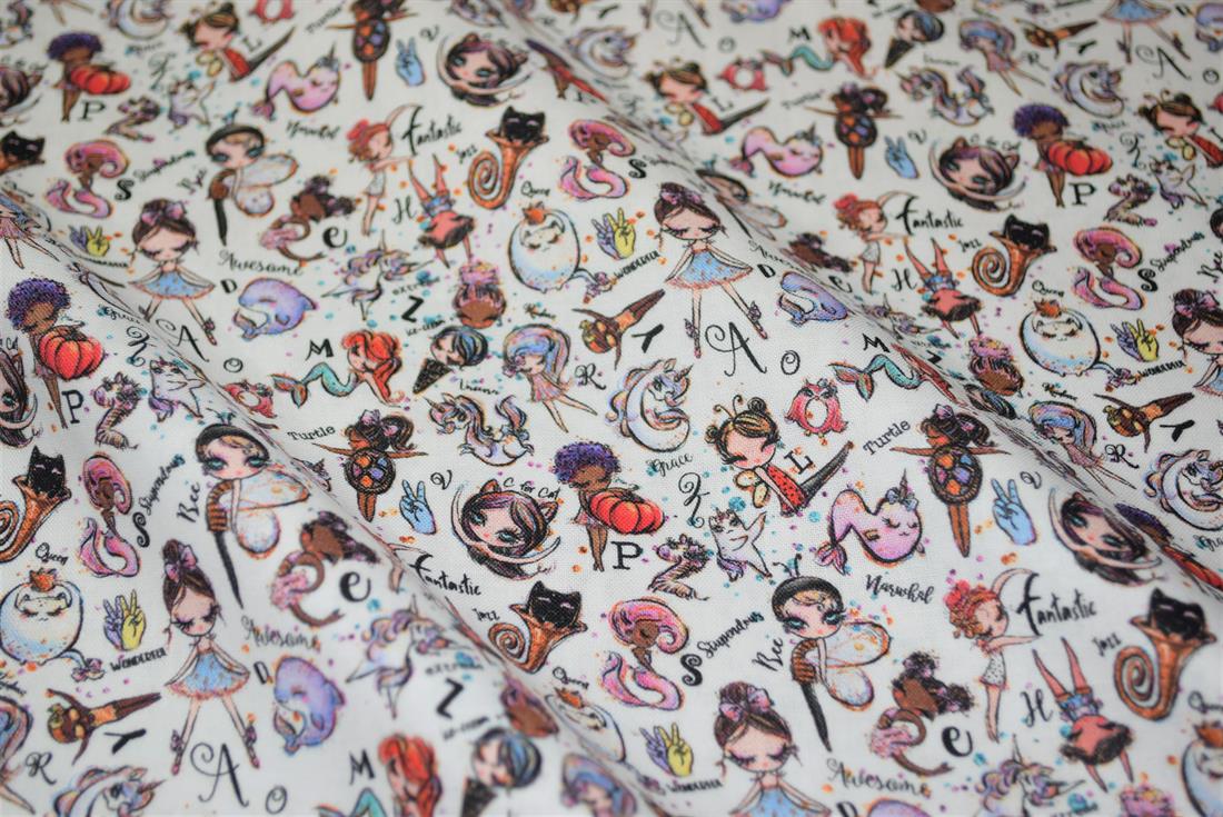 White Whimsical Alphabet Printed 100% Cotton Fabric