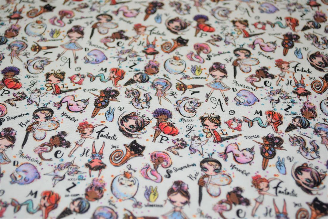 White Whimsical Alphabet Printed 100% Cotton Fabric