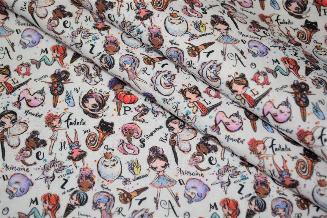 White Whimsical Alphabet Printed 100% Cotton Fabric