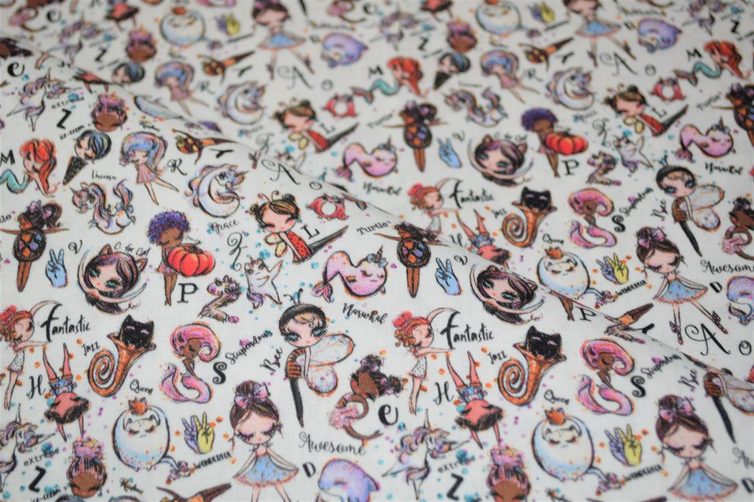 White Whimsical Alphabet Printed 100% Cotton Fabric