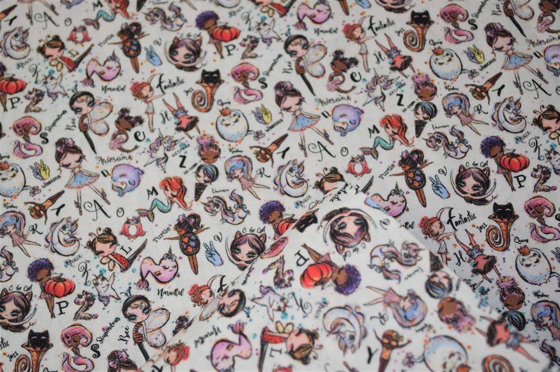 White Whimsical Alphabet Printed 100% Cotton Fabric