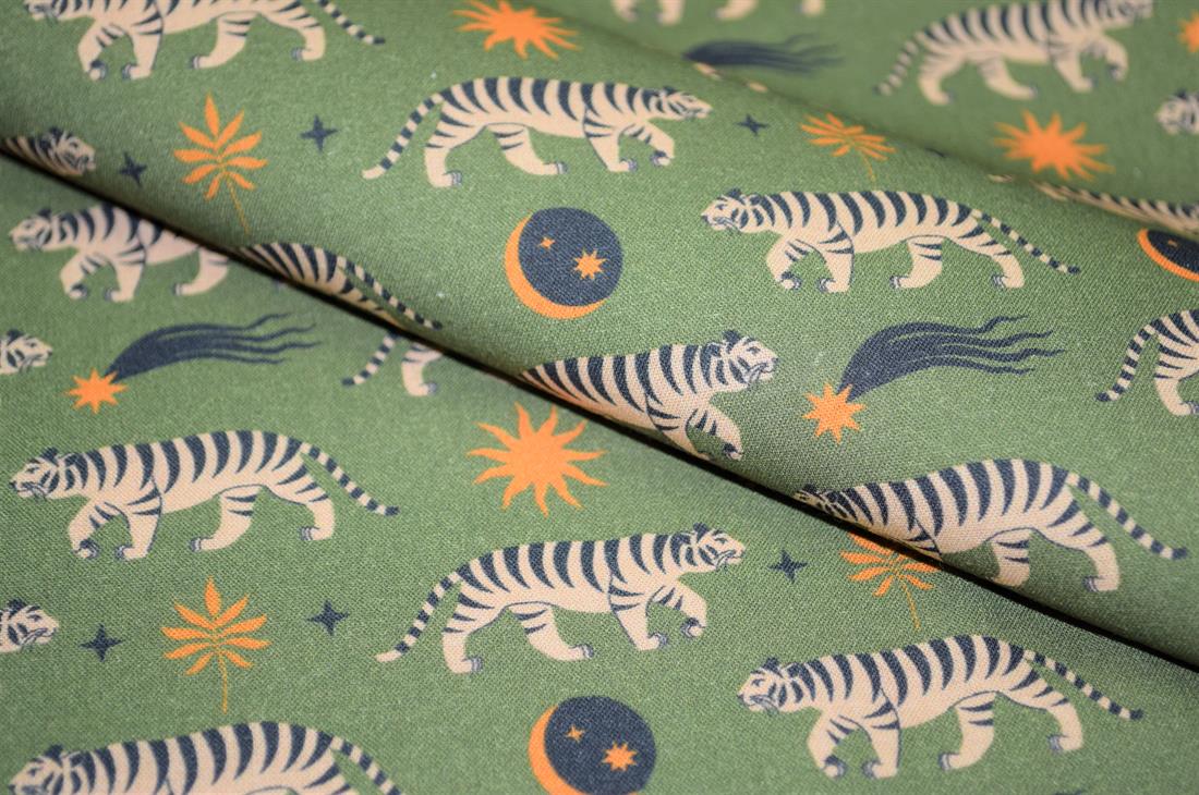 Green Little Johnny Boho Moon Tiger Cotton 100% Digital Fabric