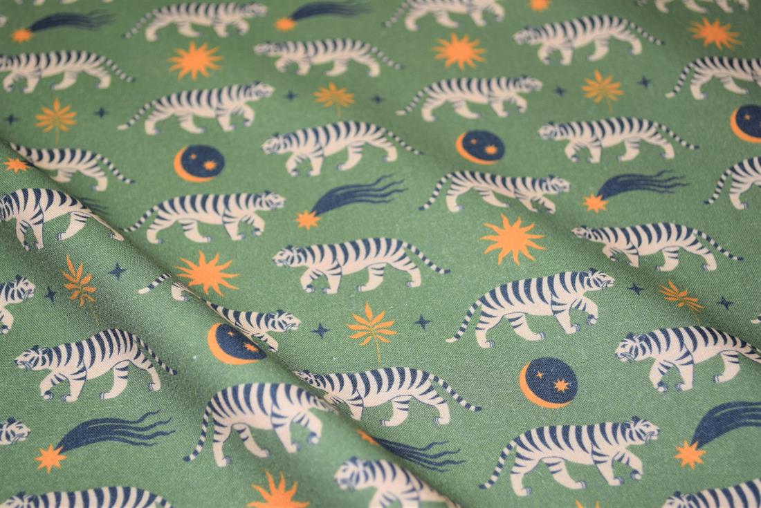 Green Little Johnny Boho Moon Tiger Cotton 100% Digital Fabric