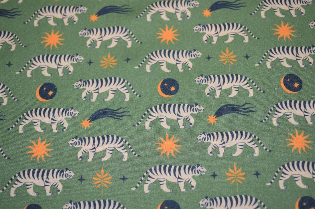 Green Little Johnny Boho Moon Tiger Cotton 100% Digital Fabric
