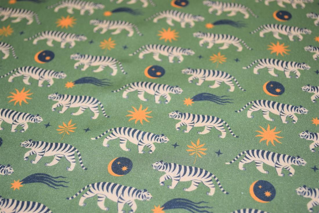 Green Little Johnny Boho Moon Tiger Cotton 100% Digital Fabric