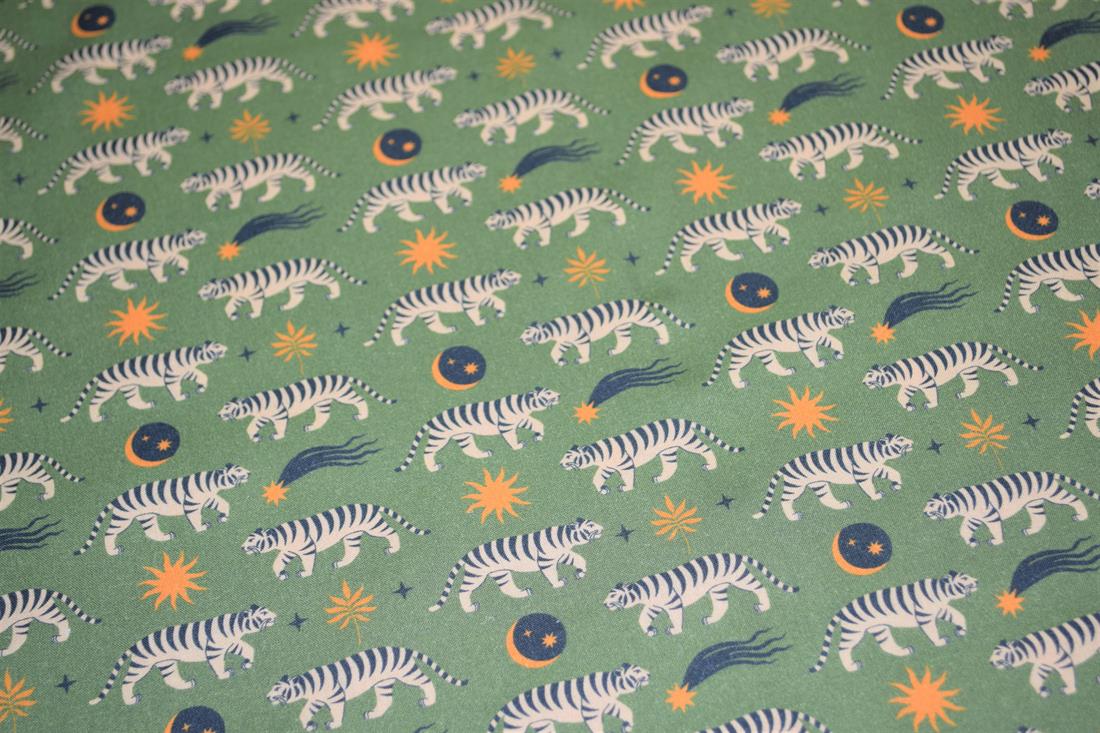 Green Little Johnny Boho Moon Tiger Cotton 100% Digital Fabric
