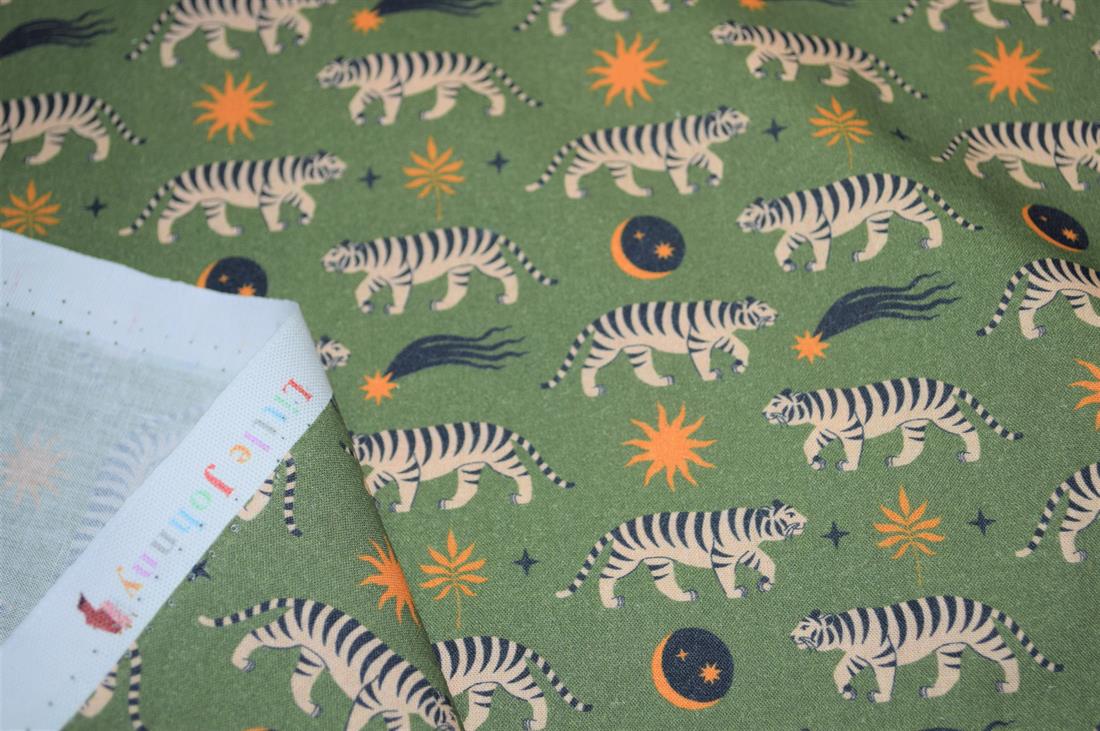 Green Little Johnny Boho Moon Tiger Cotton 100% Digital Fabric